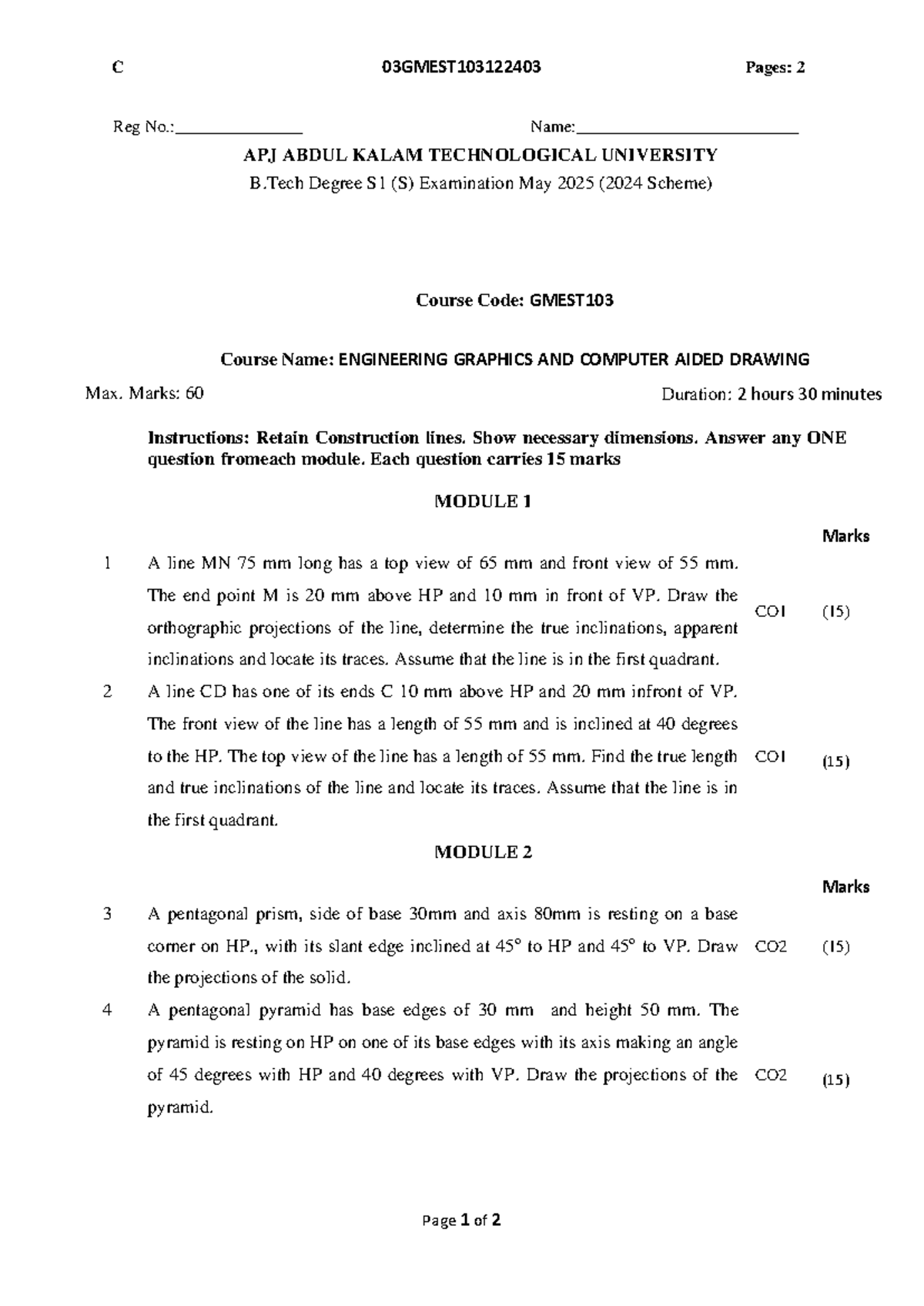 May 2025 - Engineering Graphics & CAD (GMEST103) Question Paper - Studocu