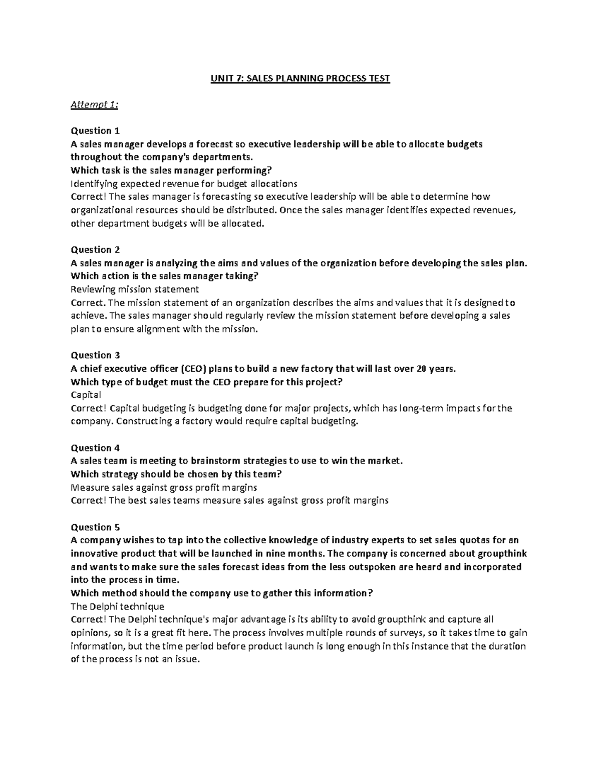 D099 Unit 7 Sales Planning Process Test - Attempt 1 Overview - Studocu
