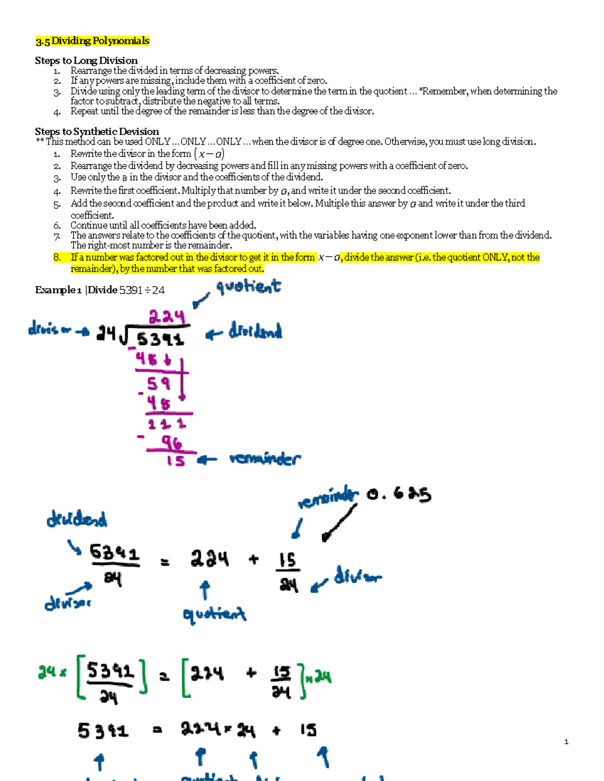 3.5 - Dividing Polynomials: Long & Synthetic Division Notes - Studocu