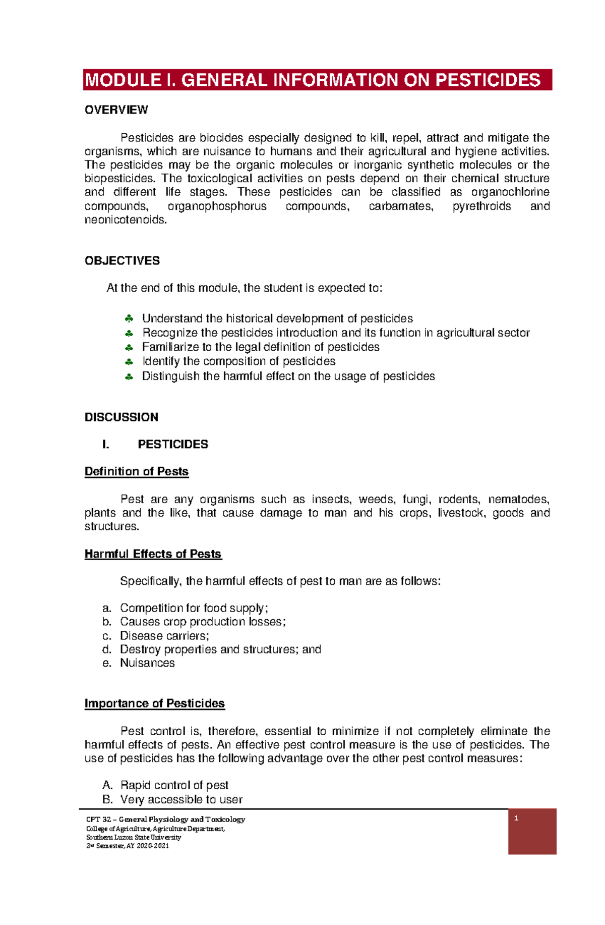 BSA3 CPT 32 Module 1: Overview of Pesticides and Their Impact - Studocu