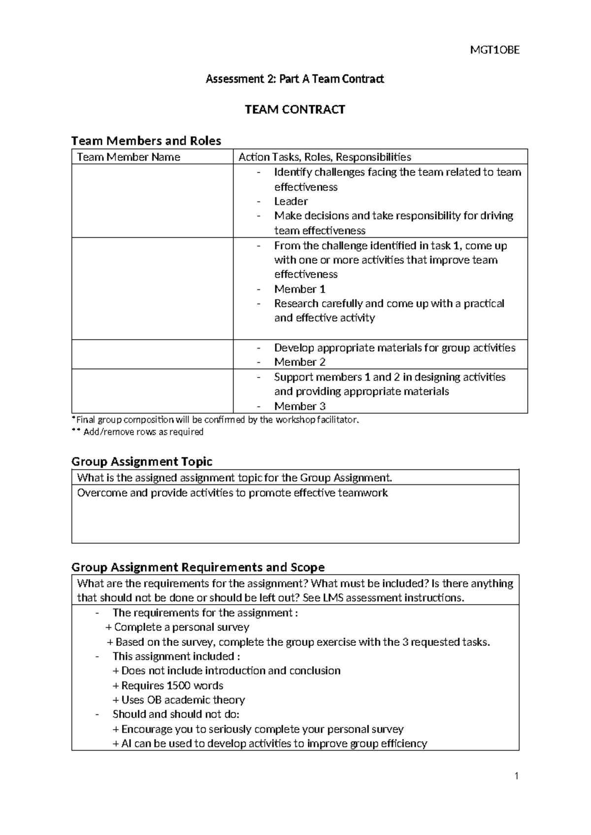 Team Contract for Assessment 2 Part A - MGT1OBE Document - Studocu