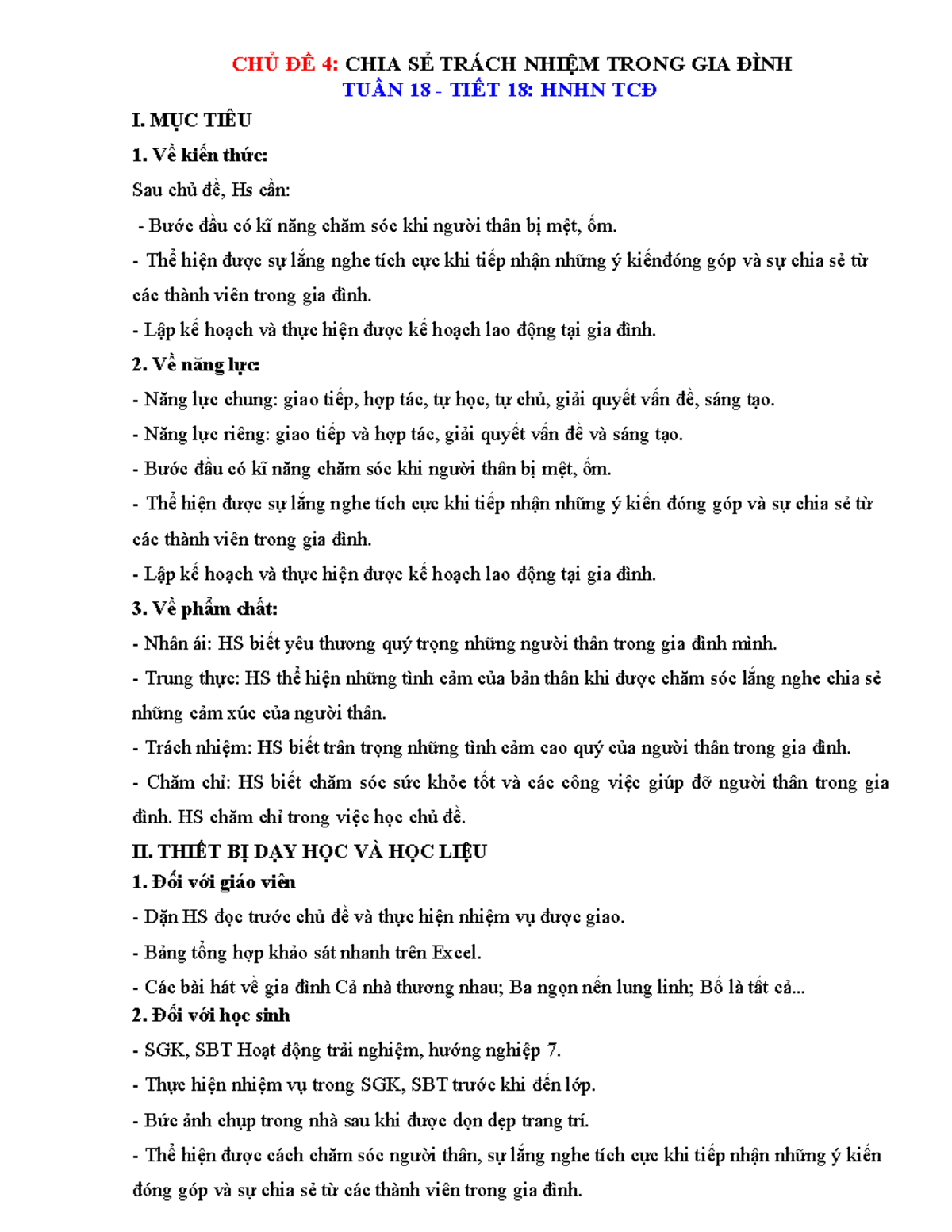 CHỦ ĐỀ 4: CHIA SẺ TRÁCH NHIỆM TRONG GIA ĐÌNH - TUẦN 18 TIẾT 18 - Studocu