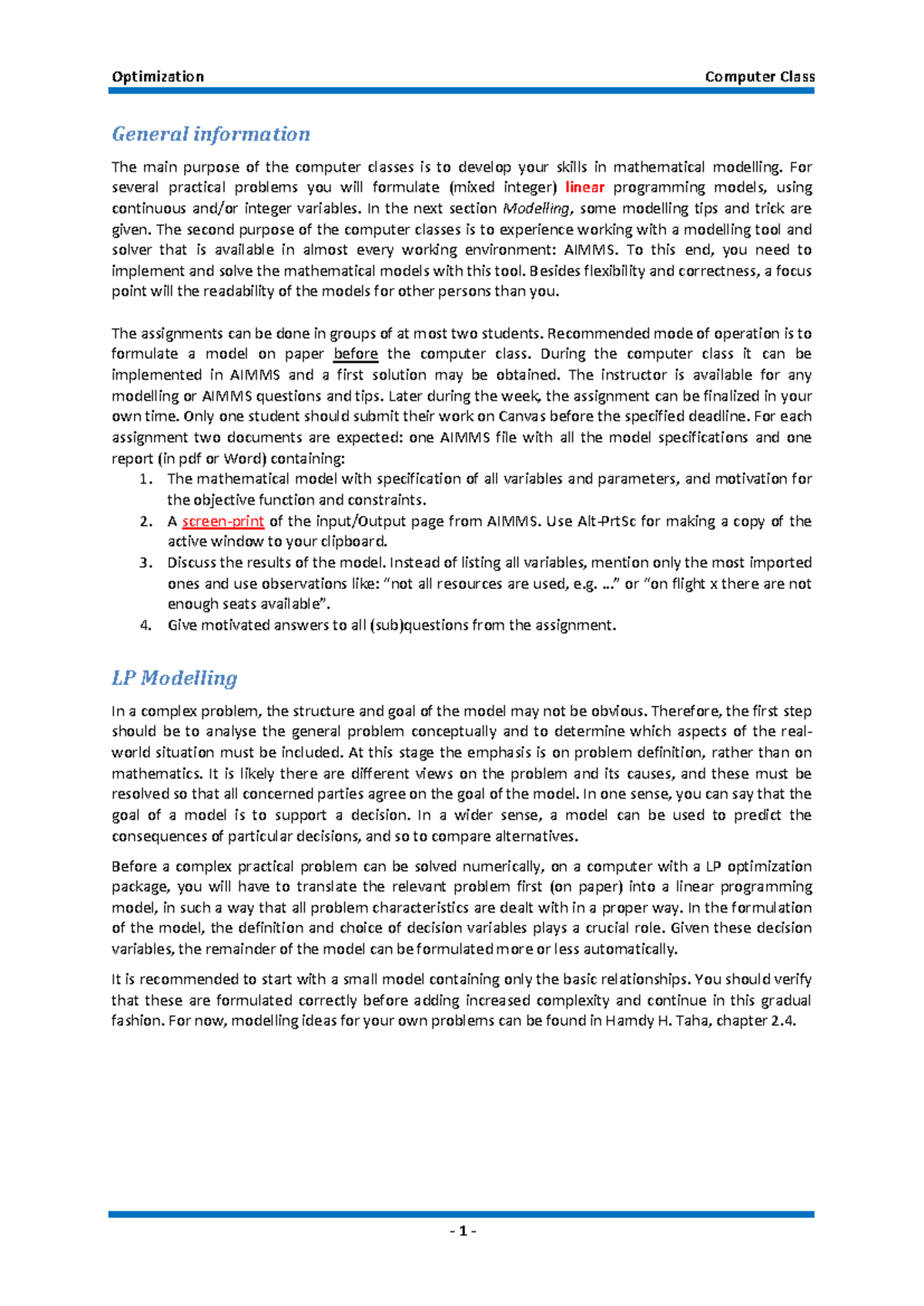 CPM 2022: Linear Programming Modelling in AIMMS Computer Classes ...