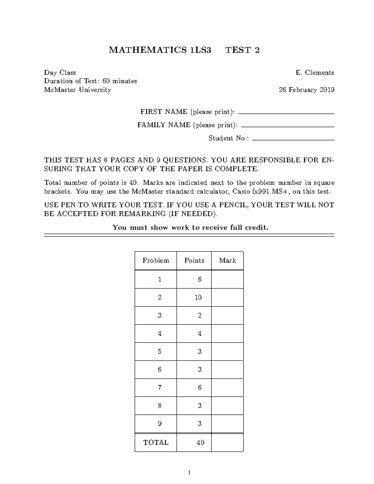 math test in math - MATHEMATICS 1LS3 TEST 2 Day Class E. Clements ...