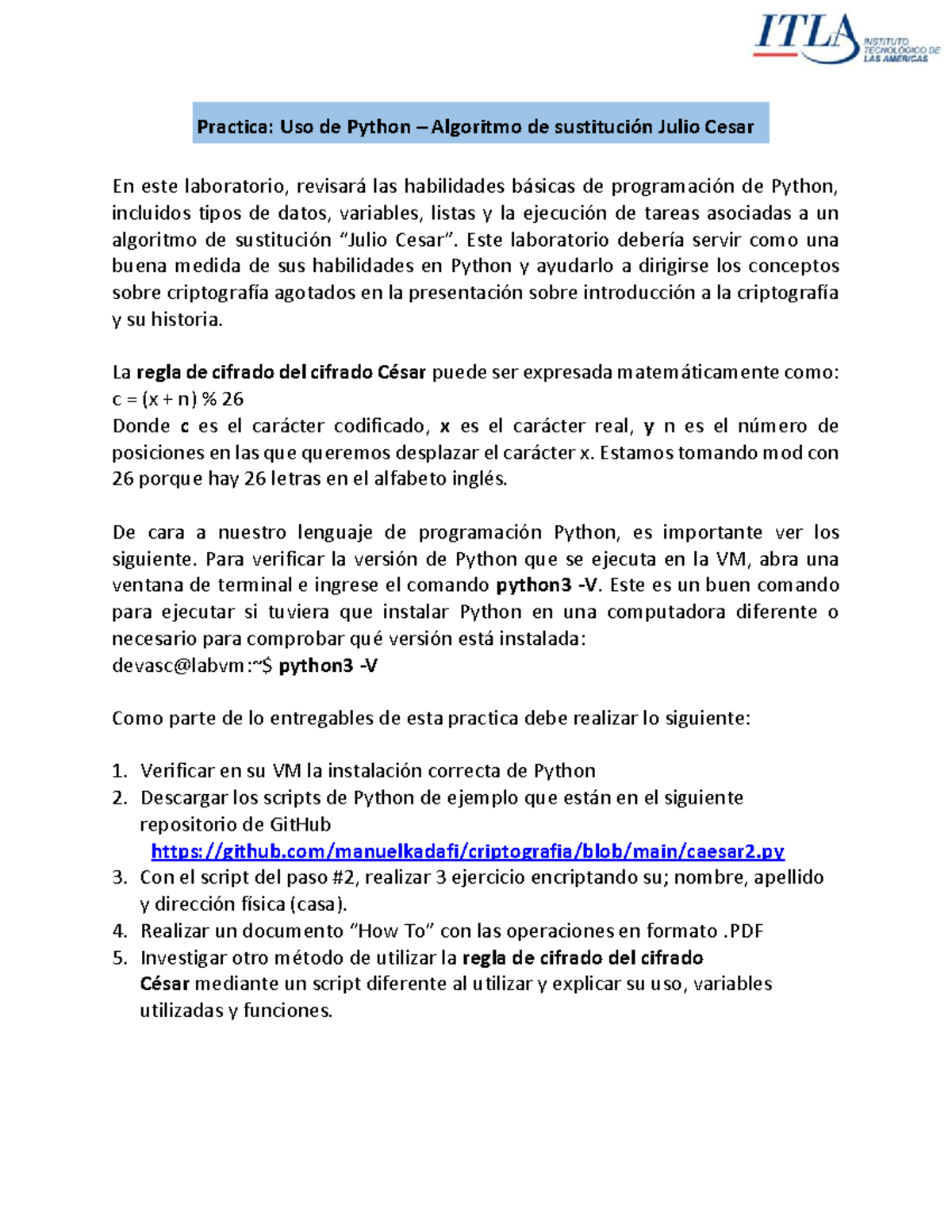 Práctica: Uso de Python y Algoritmo de Sustitución César - Studocu