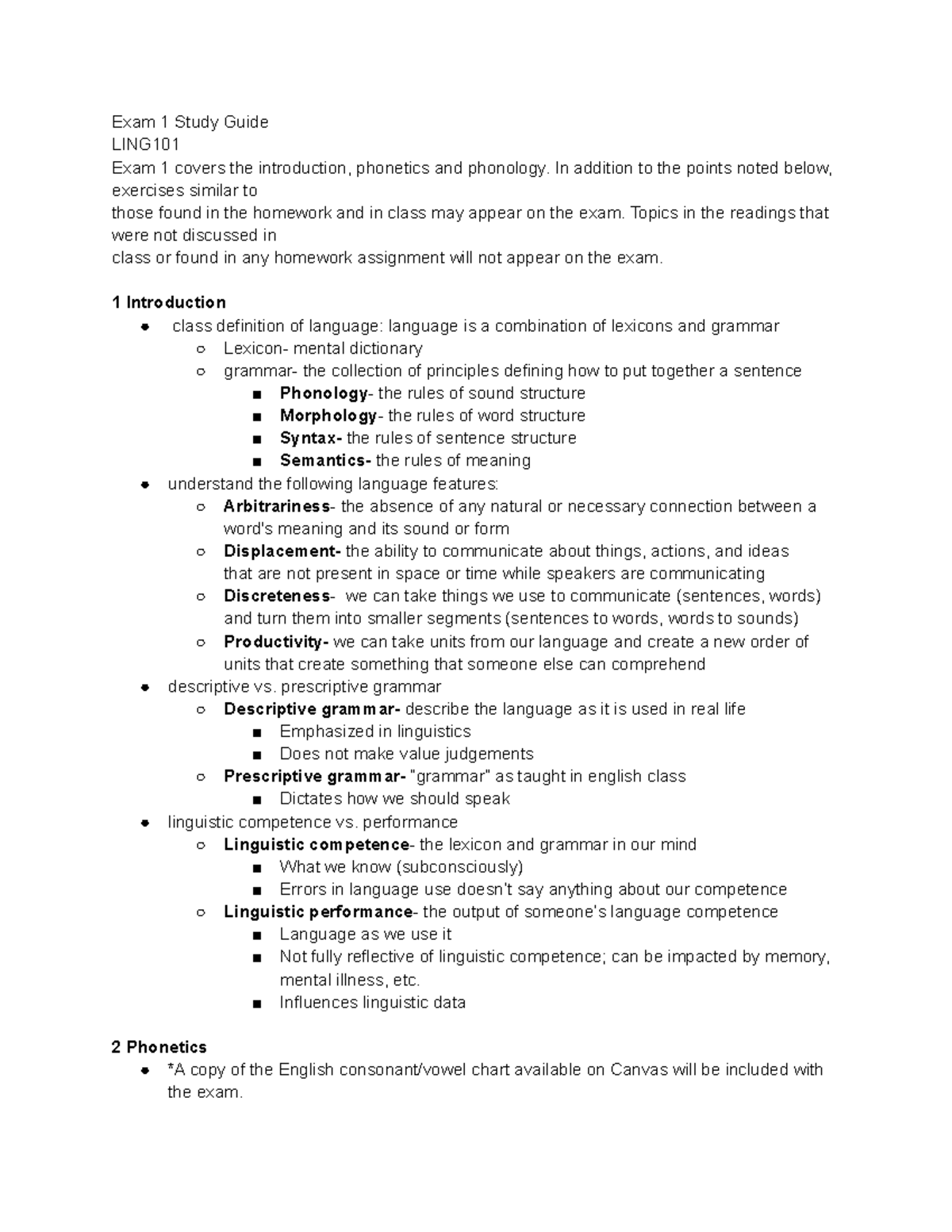 LING 101 Exam 1 Study Guide: Introduction, Phonetics & Phonology - Studocu