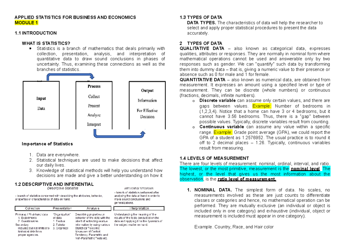 Applied Statistics for Business and Economics: Midterm Reviewer Guide ...
