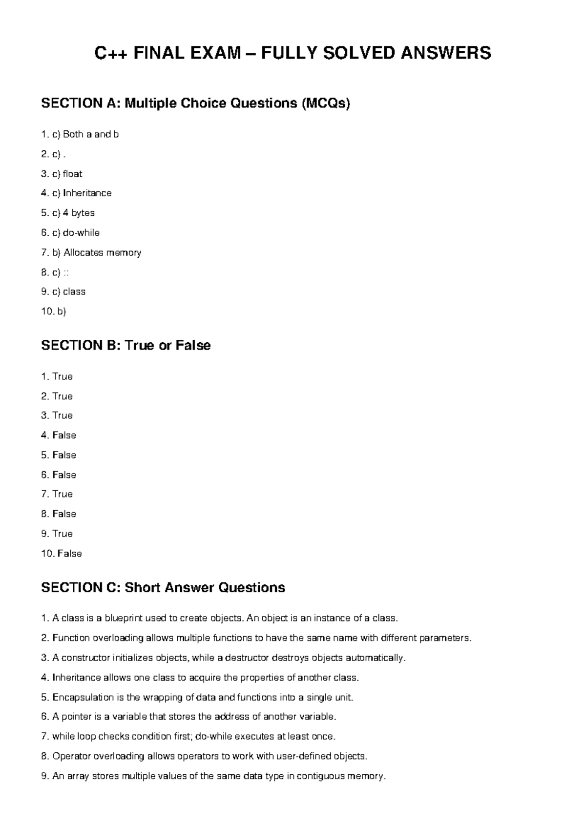 C++ FINAL EXAM FULLY SOLVED ANSWERS: MCQs, T/F, Short Answers - Studocu