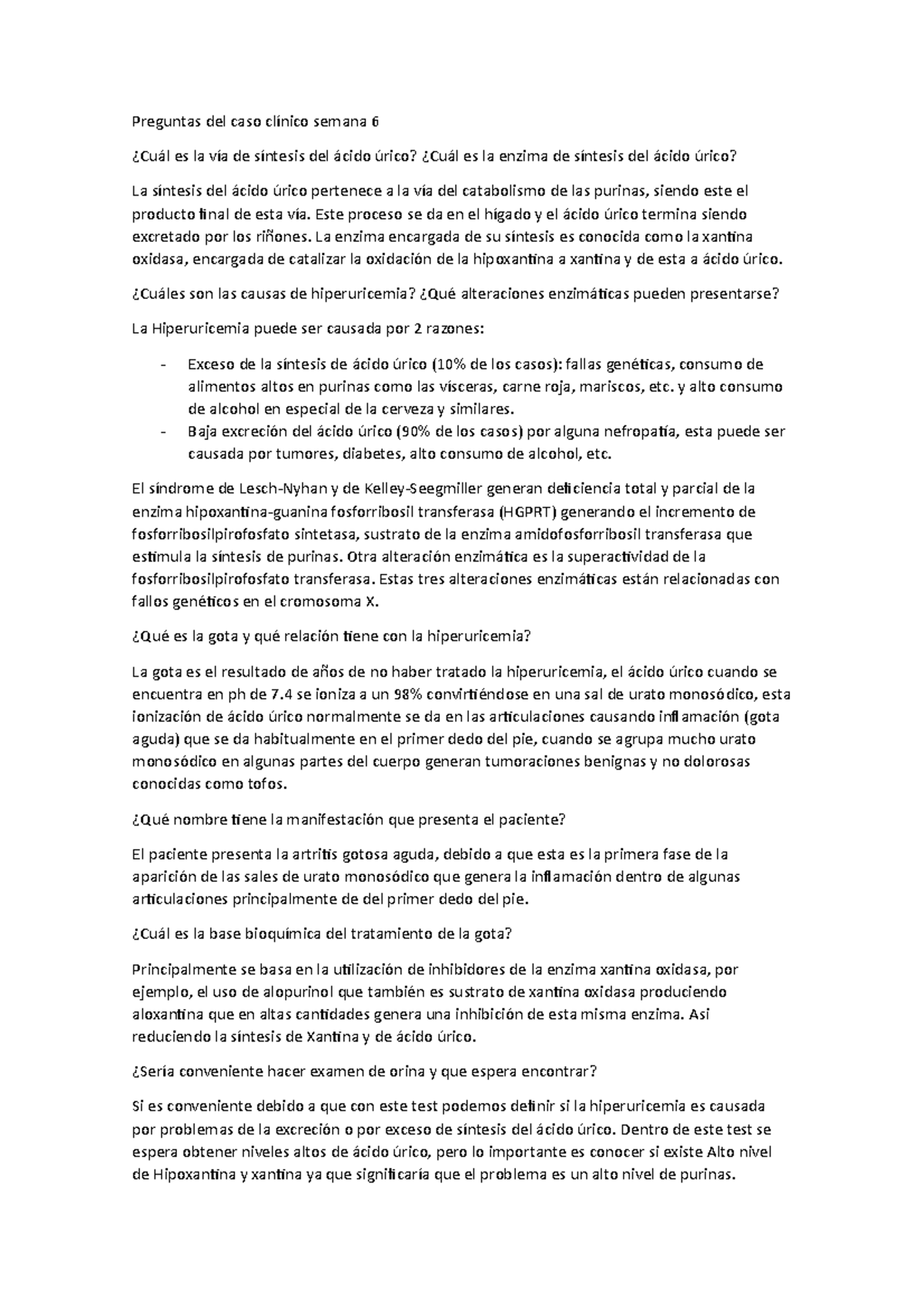 Preguntas sobre caso clínico: Hiperuricemia y Gota - Semana 6 - Document Preview