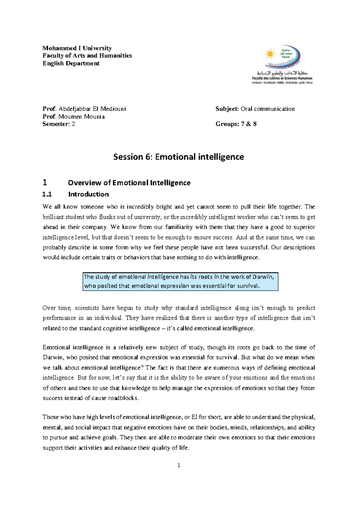 Block-1 - Block I Introduction to Emotional Intelligence (EI) Unit 1 ...