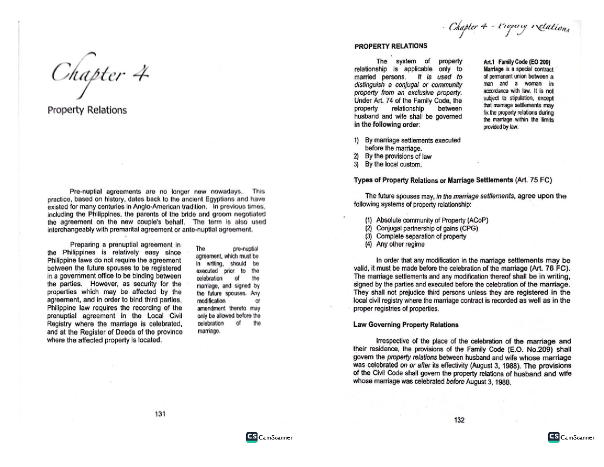 Chapter 4: Property Relations in Marriage (Family Code EO 209) - Studocu