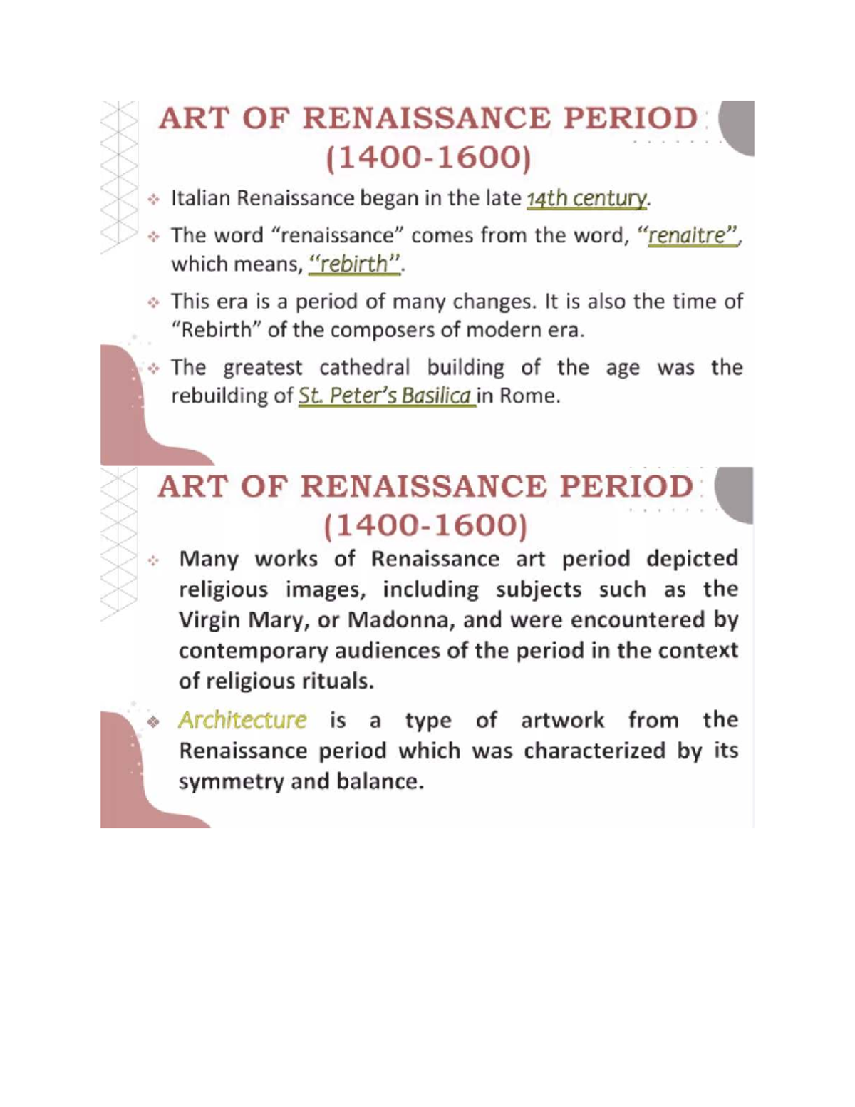 ART OF RENAISSANCE PERIOD & BAROQUE ART - Arts Mapeh Q2 - Studocu