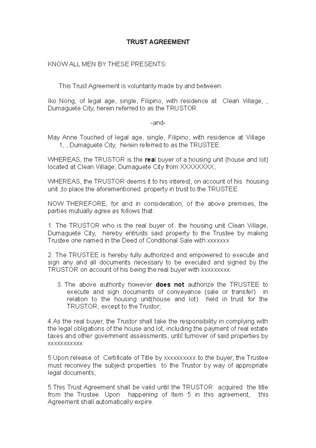 Trust Agreement Draft - Legal Writing Output - Studocu