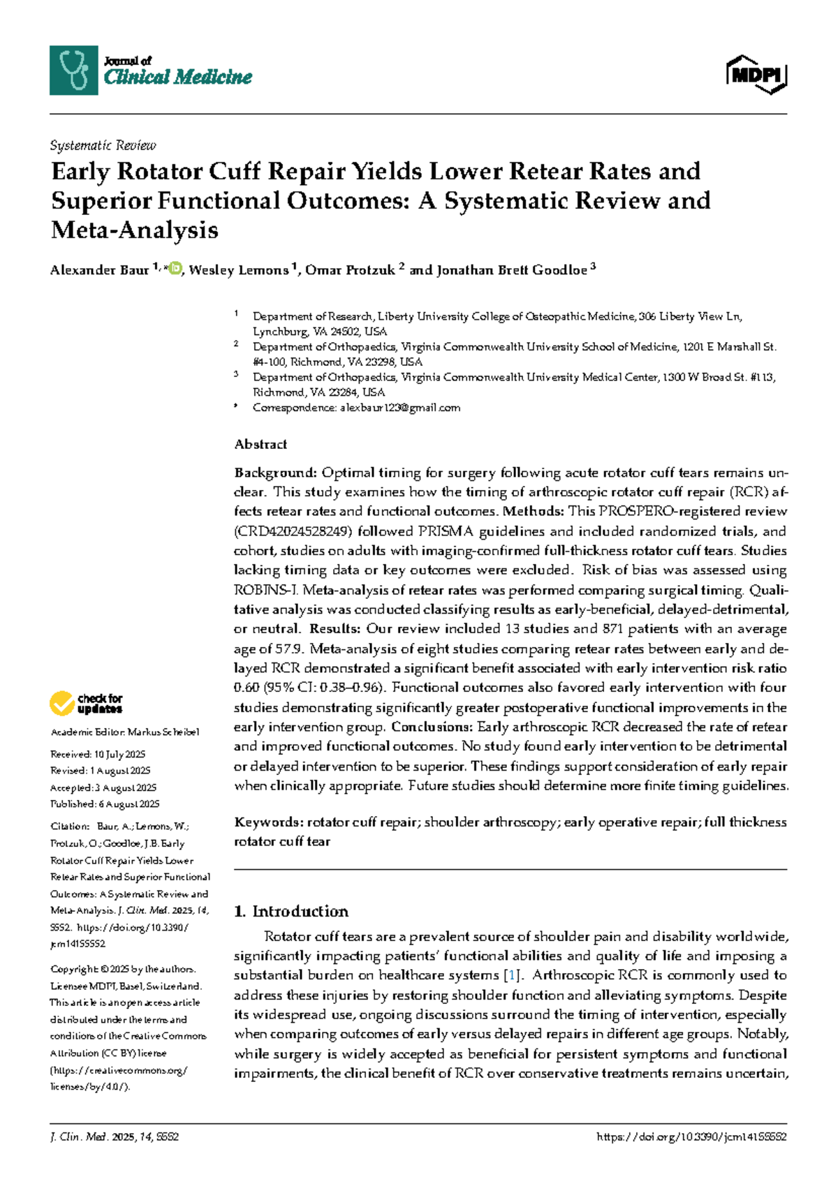 JCM 14: Systematic Review on Early Rotator Cuff Repair Outcomes - Studocu