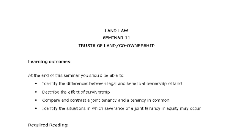 LAND LAW SEMINAR 11: Trusts of Land & Co-Ownership Insights - Studocu