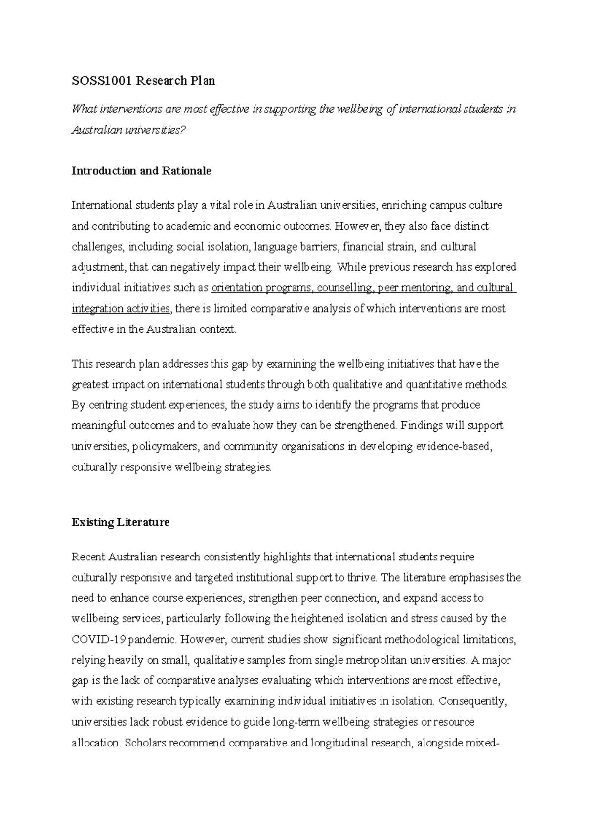 SOSS1001 Research Plan: Effective Wellbeing Interventions for Int'l ...