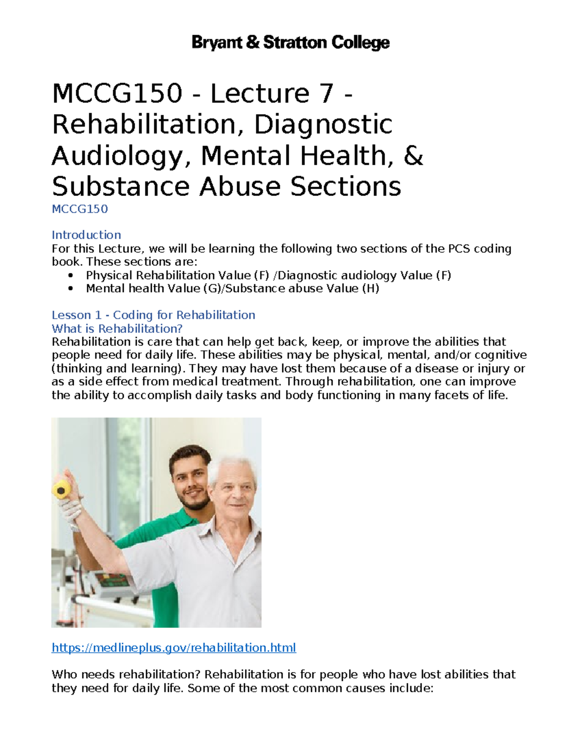 MCCG150 - Lecture 7 - Coding for Rehab, Diagnostics, & Mental Health ...