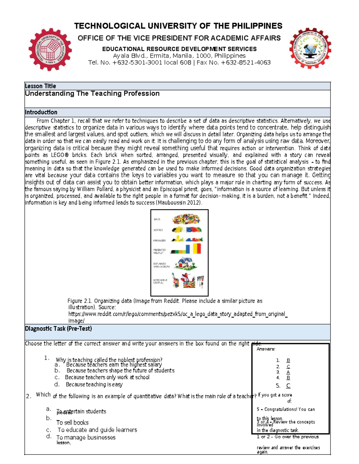 Understanding the Teaching Profession: Lesson on Data Organization ...