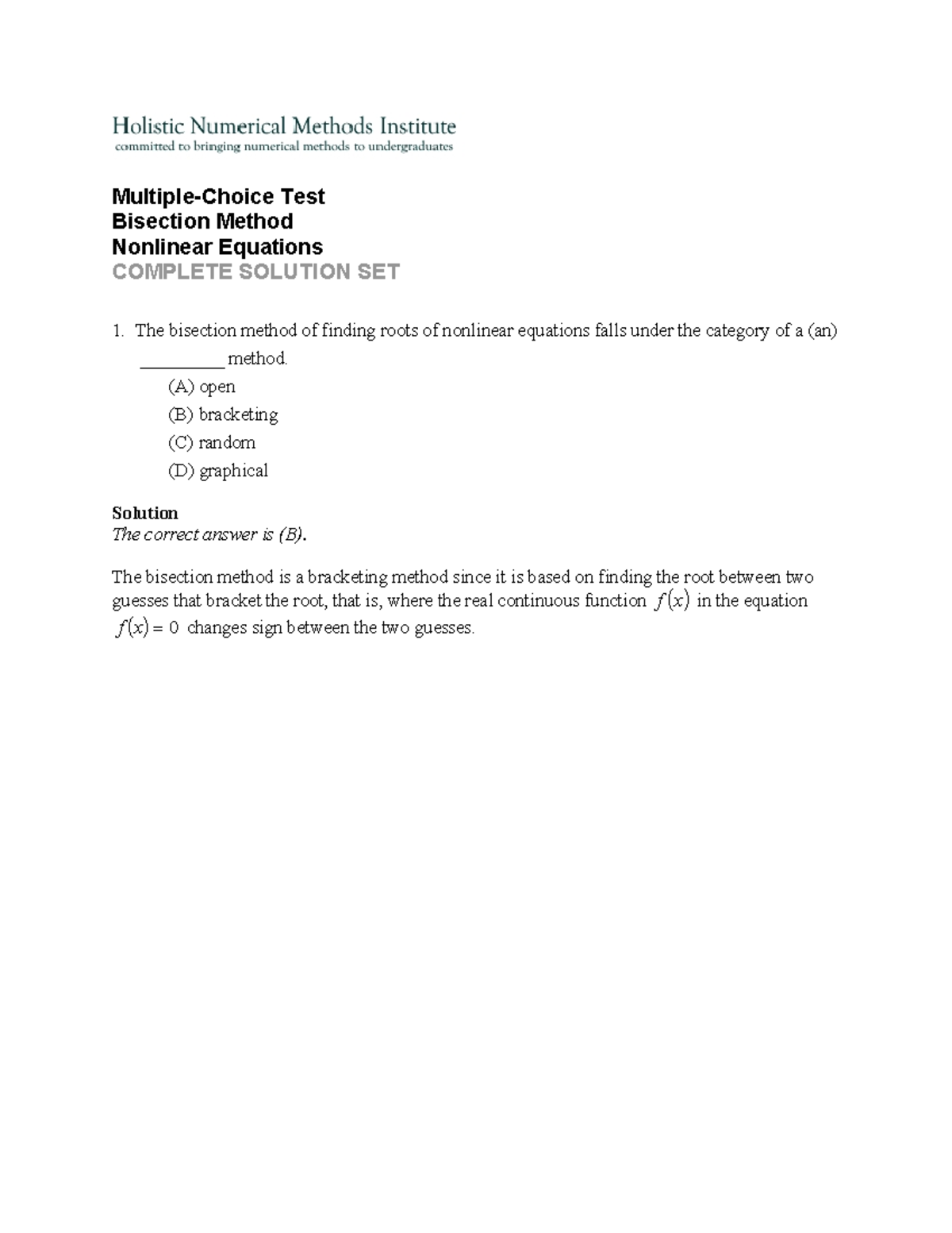 Quiz 03: Complete Solutions for Bisection Method in Nonlinear Equations ...