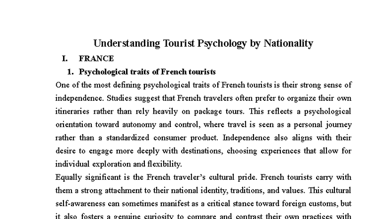 Tourist Psychology: Understanding French & Indian Travelers - Studocu