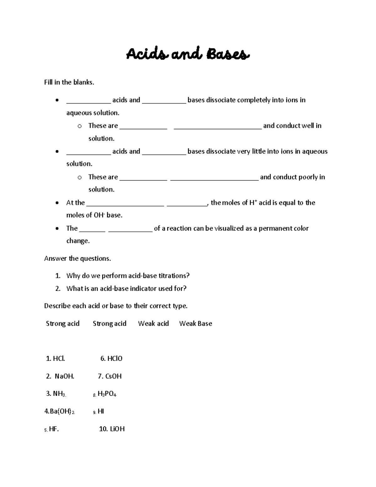Acids and Bases - In-Class Practice Fill-in-the-Blanks - Studocu