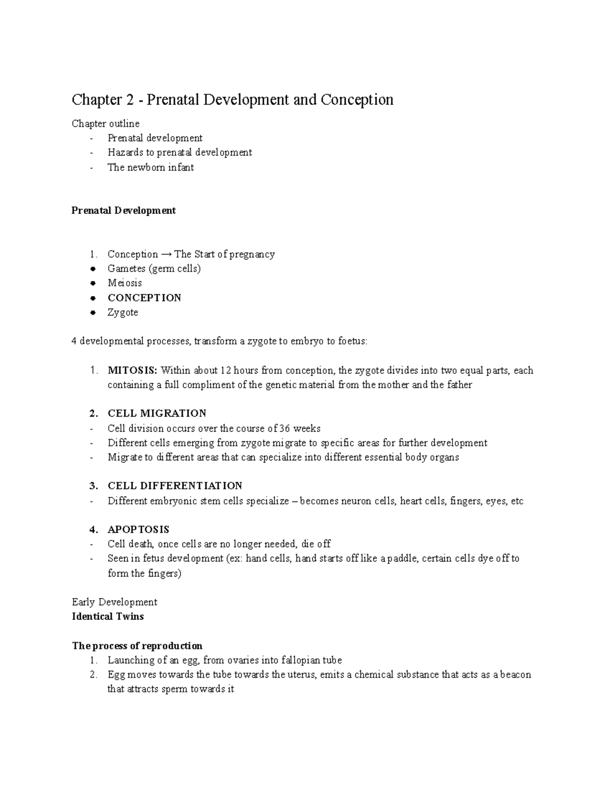 Chapter 2 - Prenatal Development & Conception Overview - Studocu