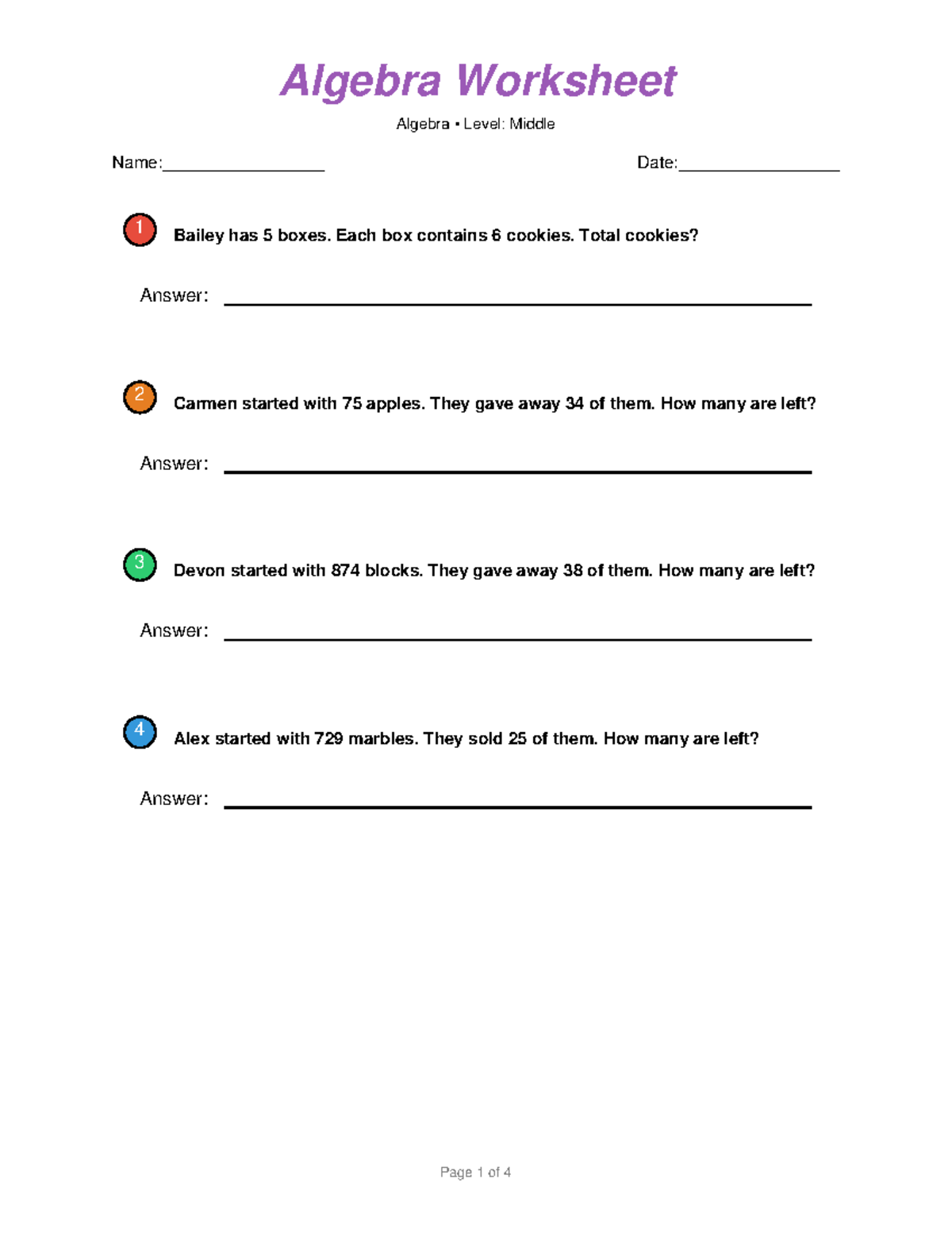 Algebra Worksheet M1: Middle Level Practice Problems - Studocu