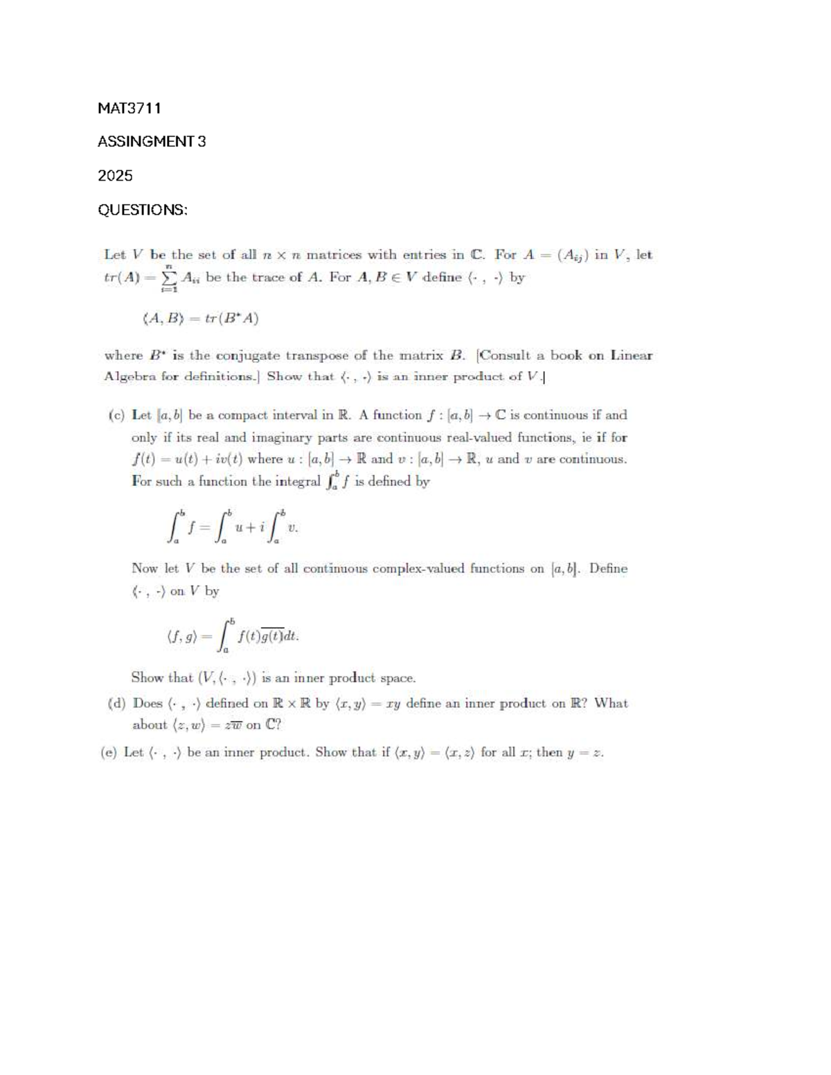 MAT3711 Assignment 3 Questions - Linear Algebra Concepts 2025 - Studocu