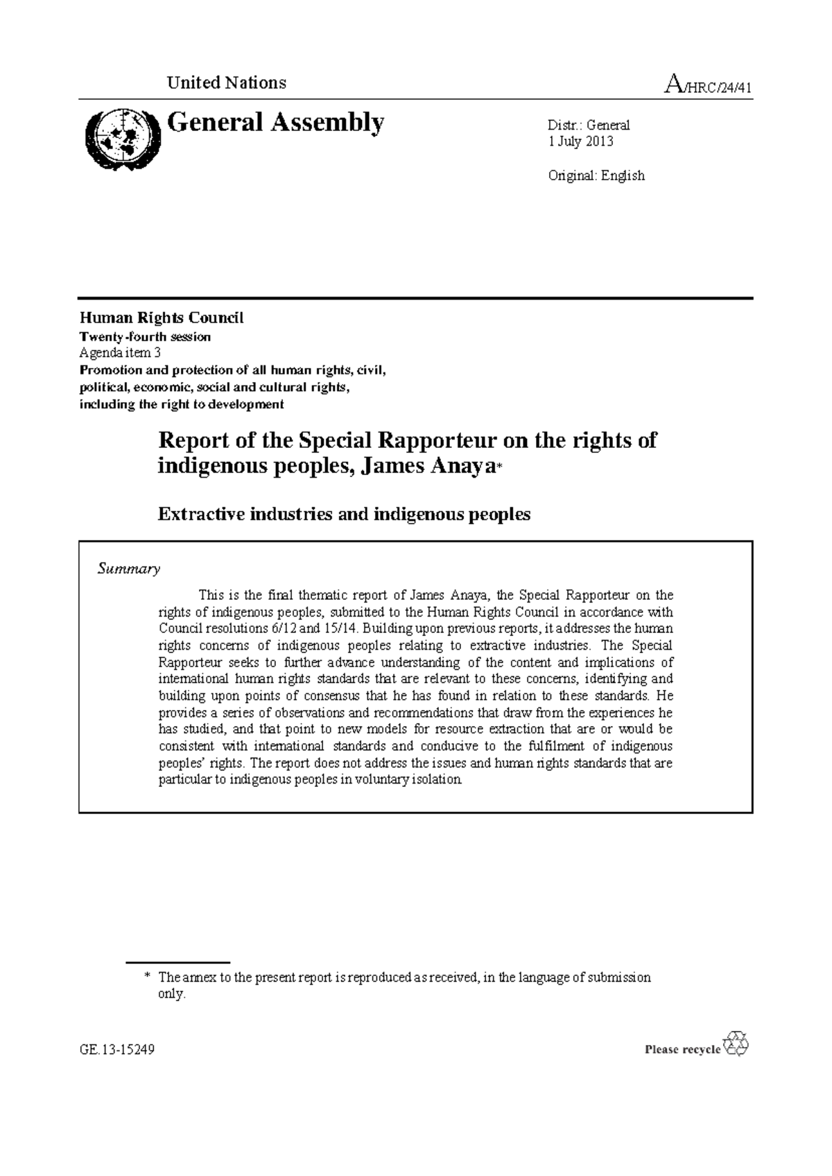 Report of the Special Rapporteur on Indigenous Peoples' Rights and ...
