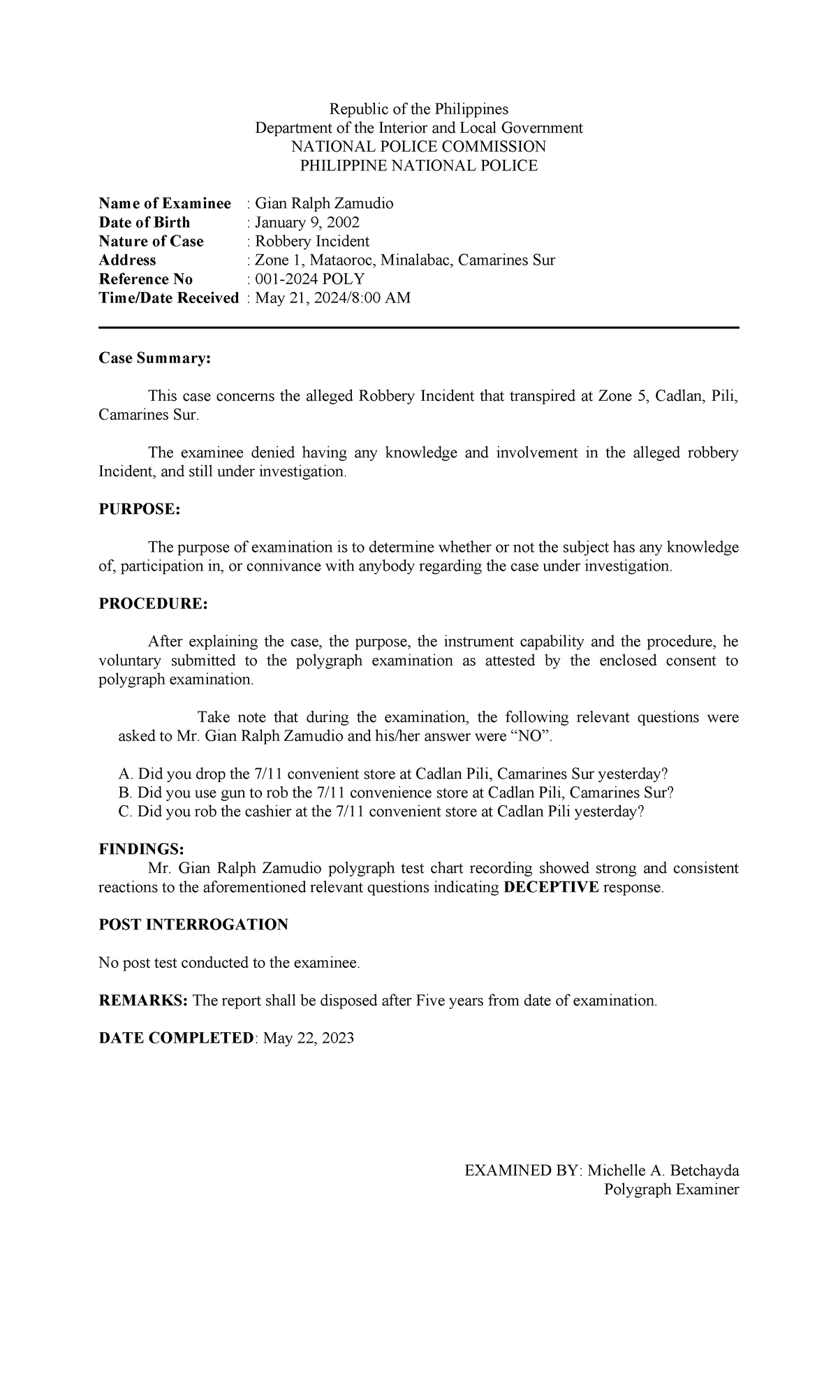Polygraph Examination Report for Robbery Case - G. Zamudio (Ref. No ...