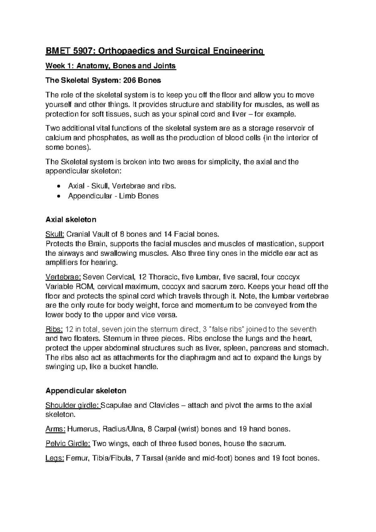 BMET 5907: Orthopaedics & Surgical Engineering - Week 1 Anatomy ...