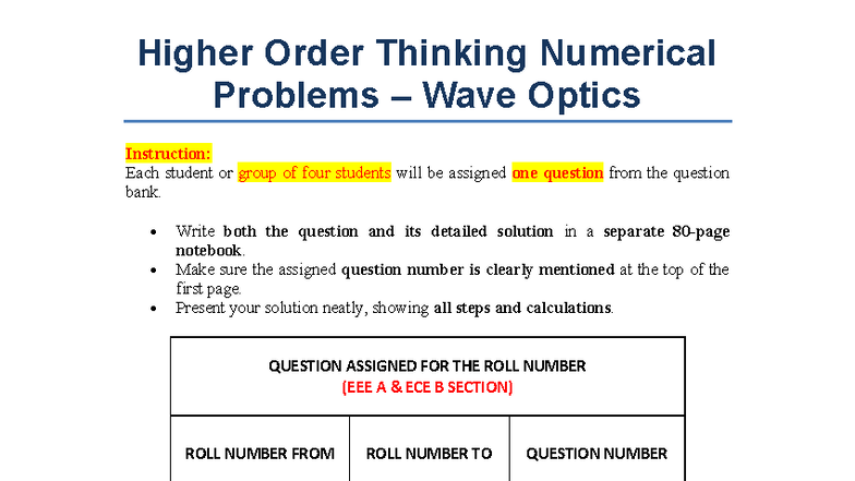 Higher Order Thinking Numerical Problems in Wave Optics - Studocu