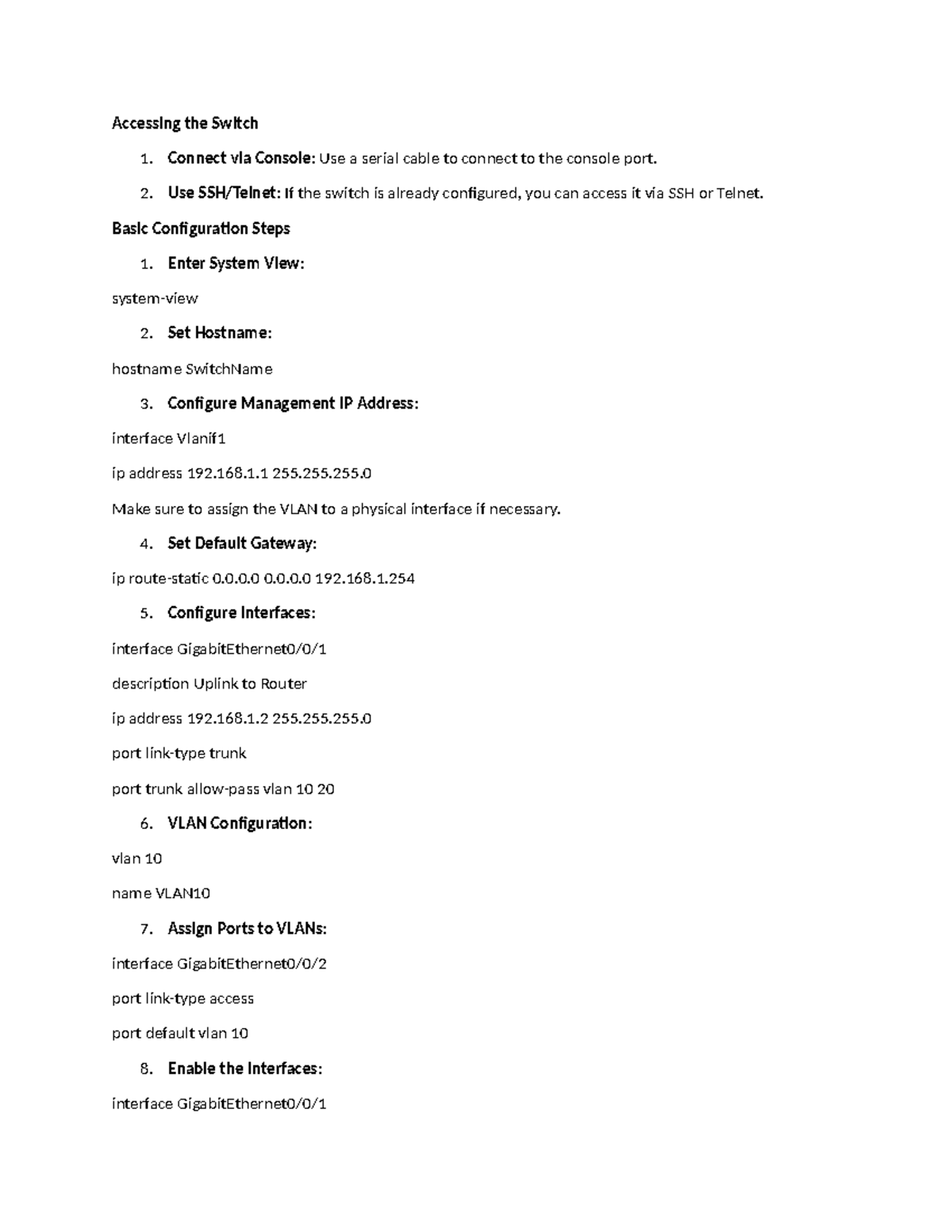 Huawei Switch Configuration Guide: Basic Setup & Commands - Studocu