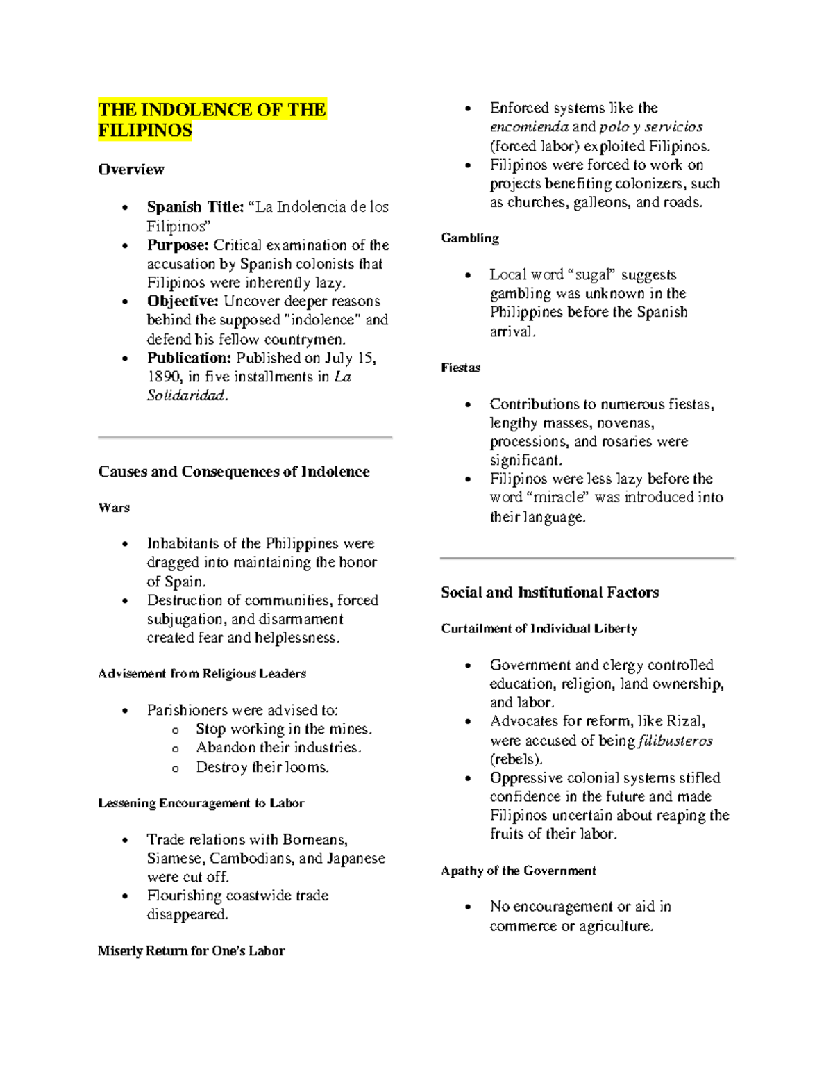 Rizal's Final Reviewer: Critical Insights on Filipino Indolence and ...