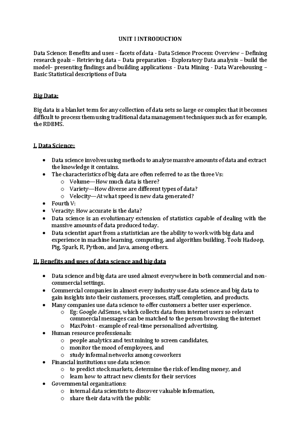 Unit I FDA - Fundamentals of Data Science: Overview and Applications ...