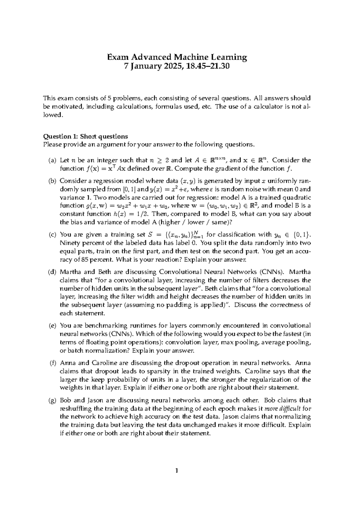 Advanced Machine Learning Exam (Course Code: ML2024) - January 7, 2025 ...