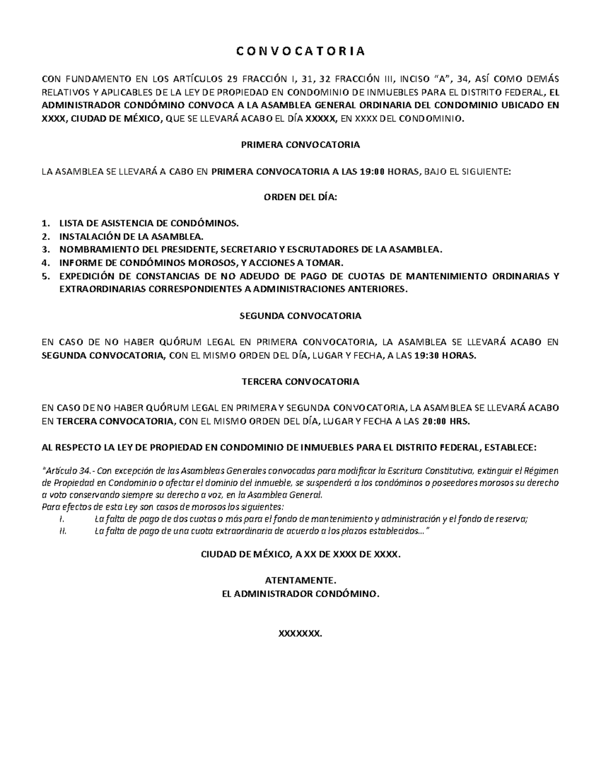 Convocatoria Asamblea General Ordinaria de Condóminos CDMX 2023 - Studocu