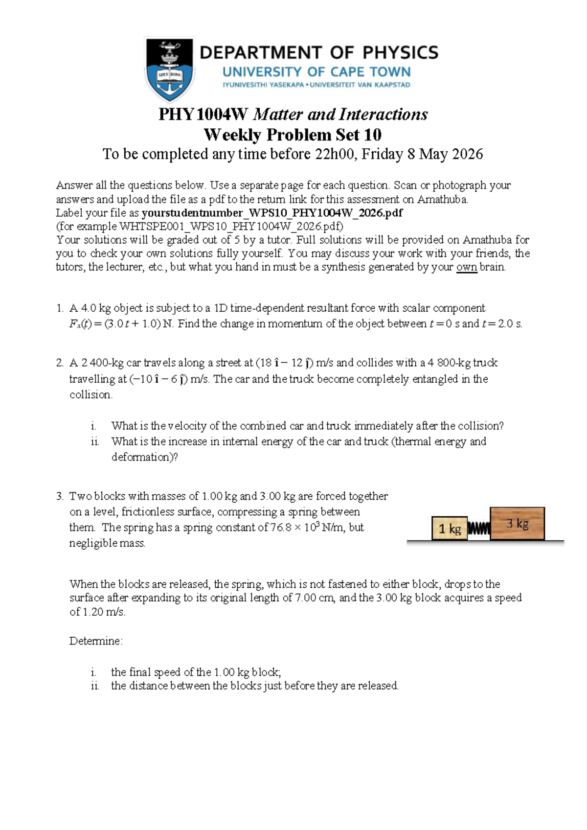 PHY1004W Weekly Problem Set 10 - Due 8 May 2026 - Studocu