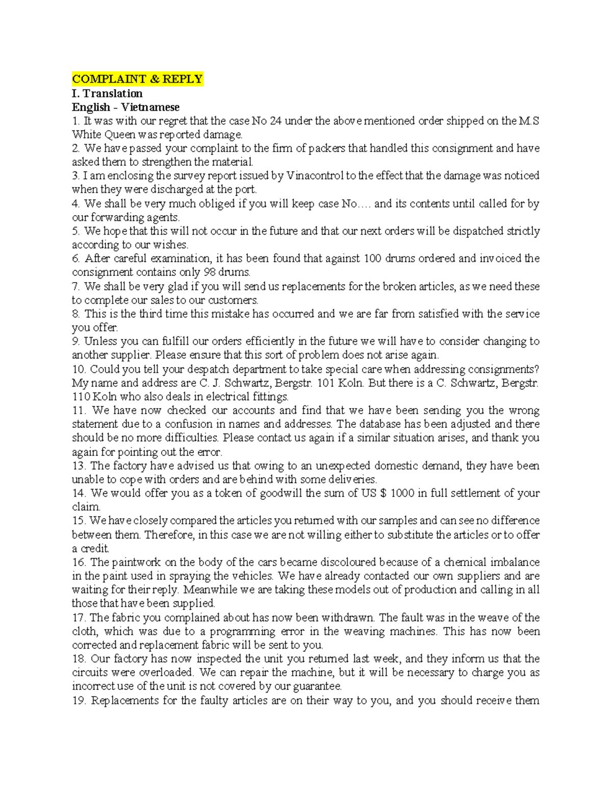 Final Complaint & Reply - Shipping Issues for Order No. 24 - Studocu