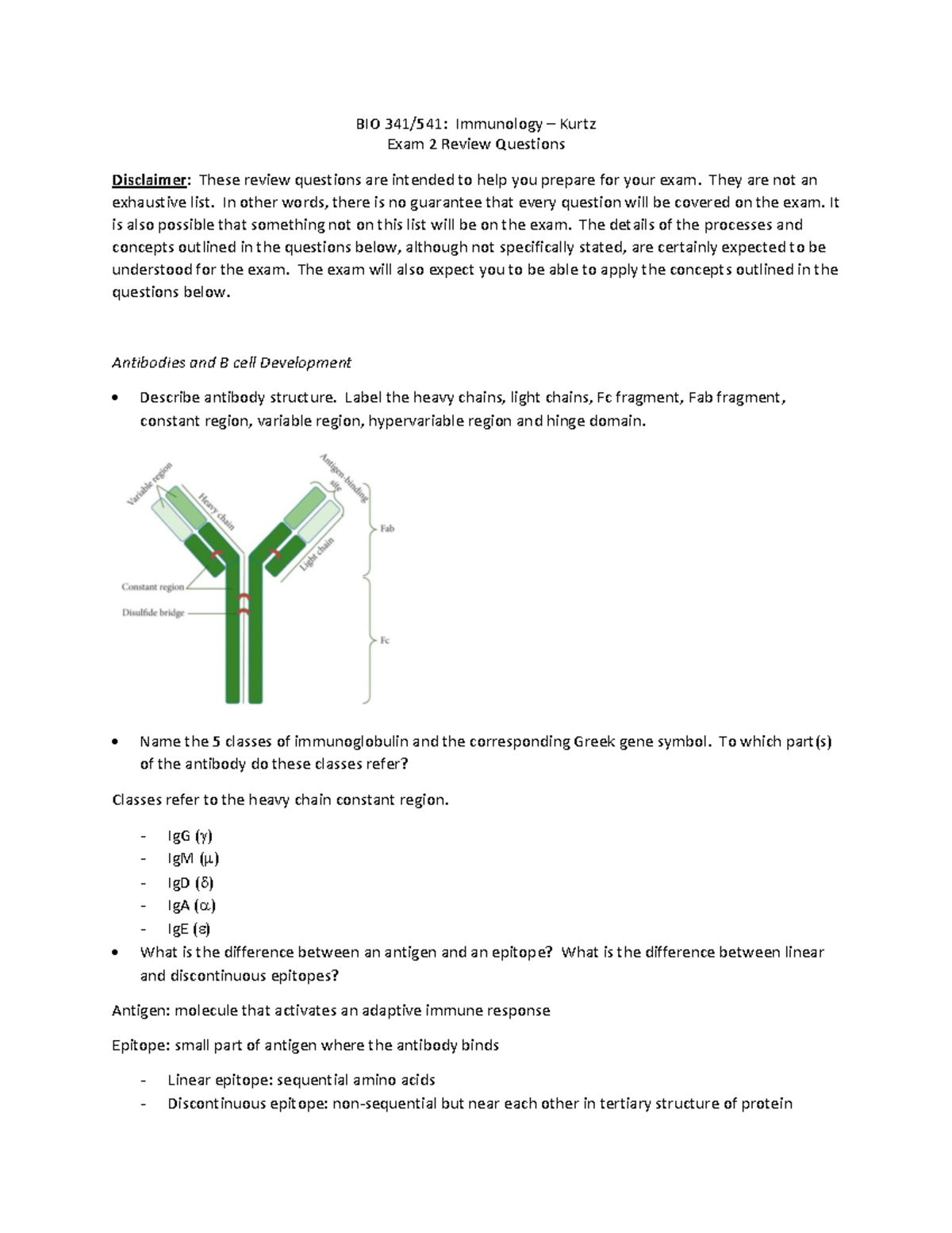 BIO 341/541: Immunology Exam 2 Review Questions & Key Concepts - Studocu