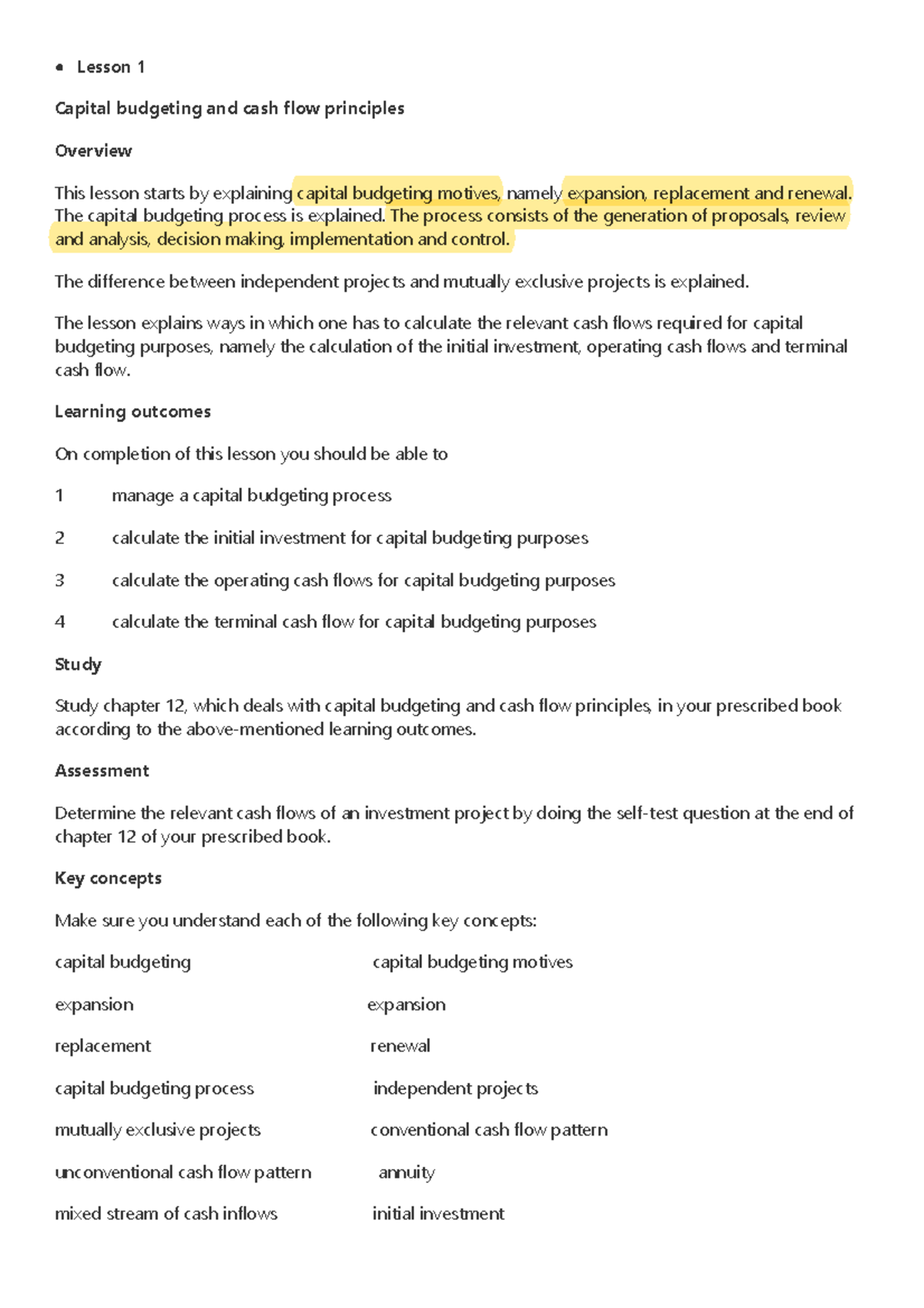 PFIN026-23-Y Capital Budgeting and Financing Lessons Overview - Studocu