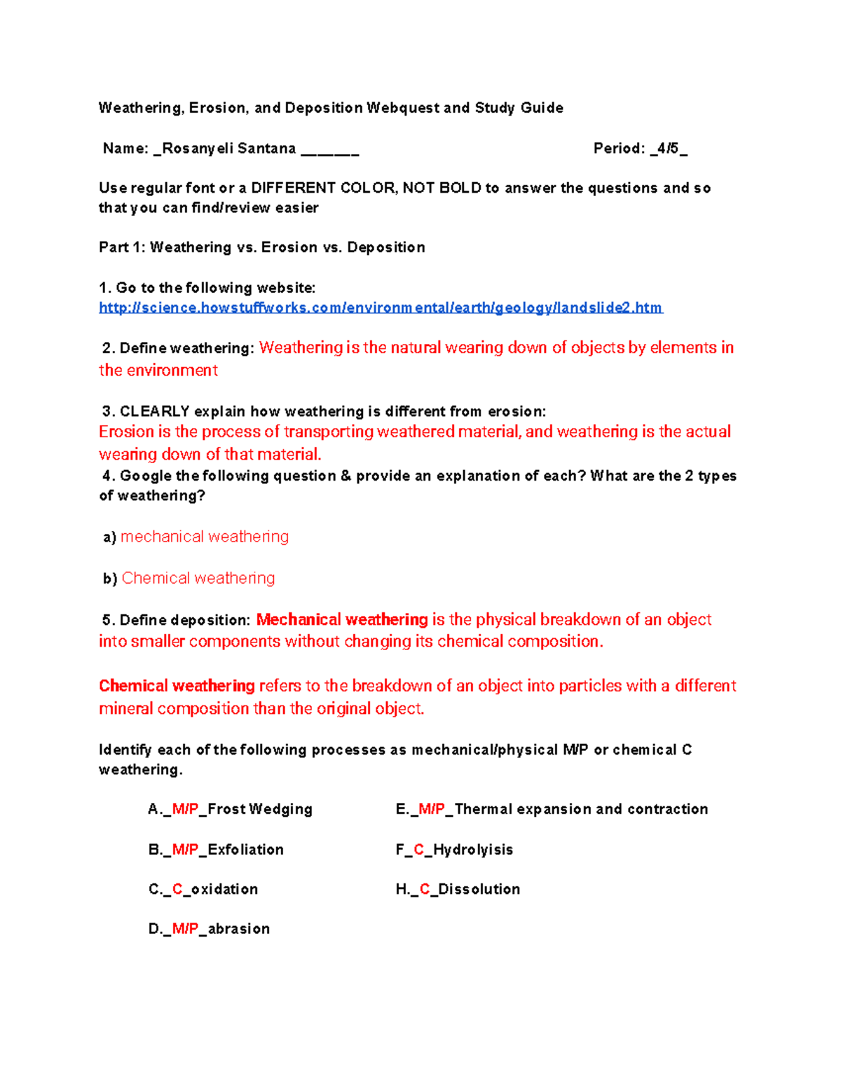 Weathering Erosion And Deposition Worksheet Answer Key