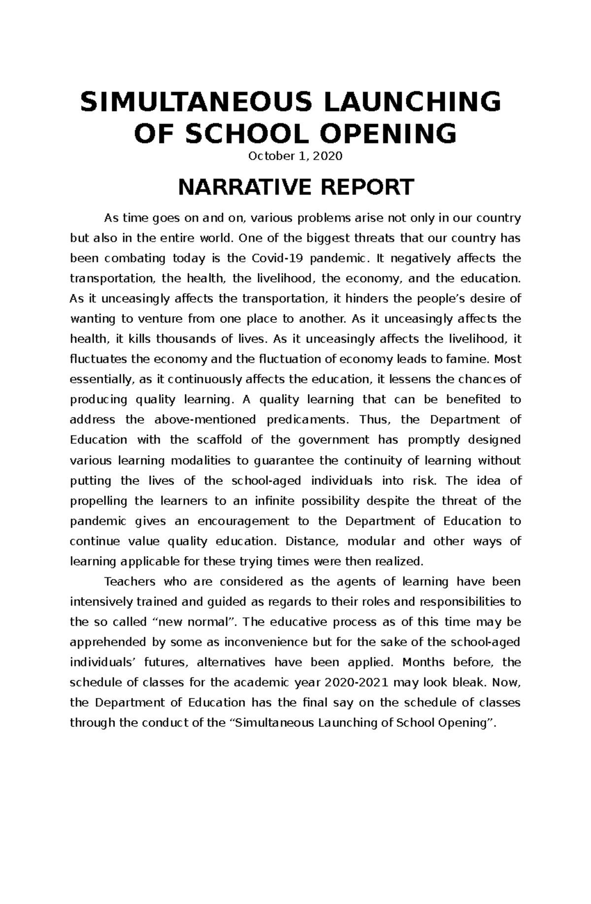 Narrative Report on Simultaneous Launching of School Opening 2020 - Studocu