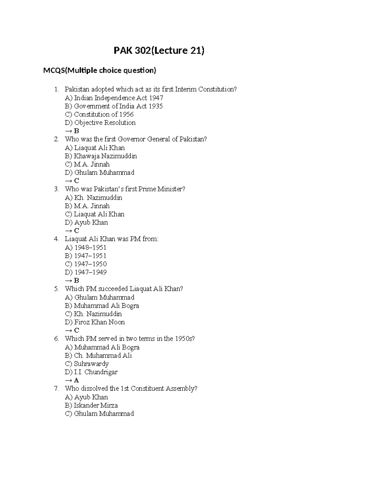 PAK 302 (Lecture 21) MCQs on Pakistan's Political History - Studocu