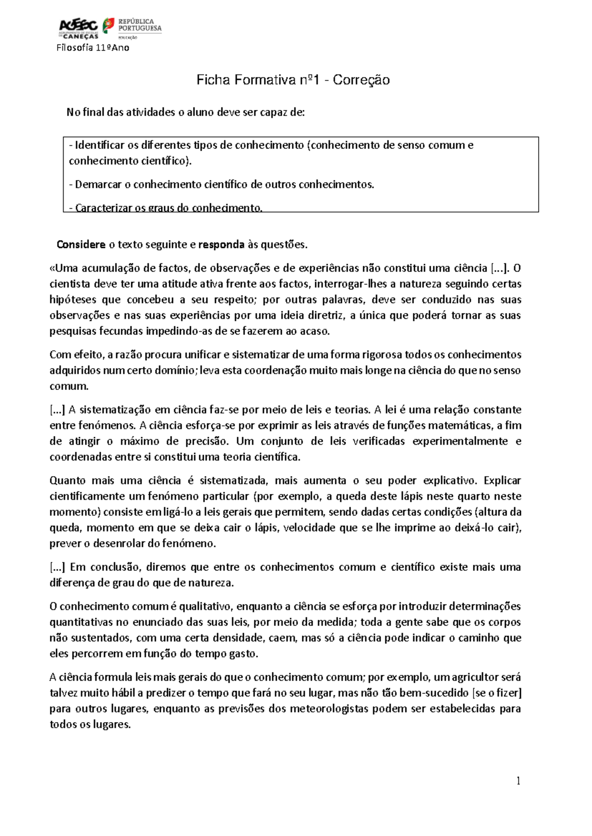 Correção da Ficha Formativa nº1: Conhecimento Comum vs Científico ...