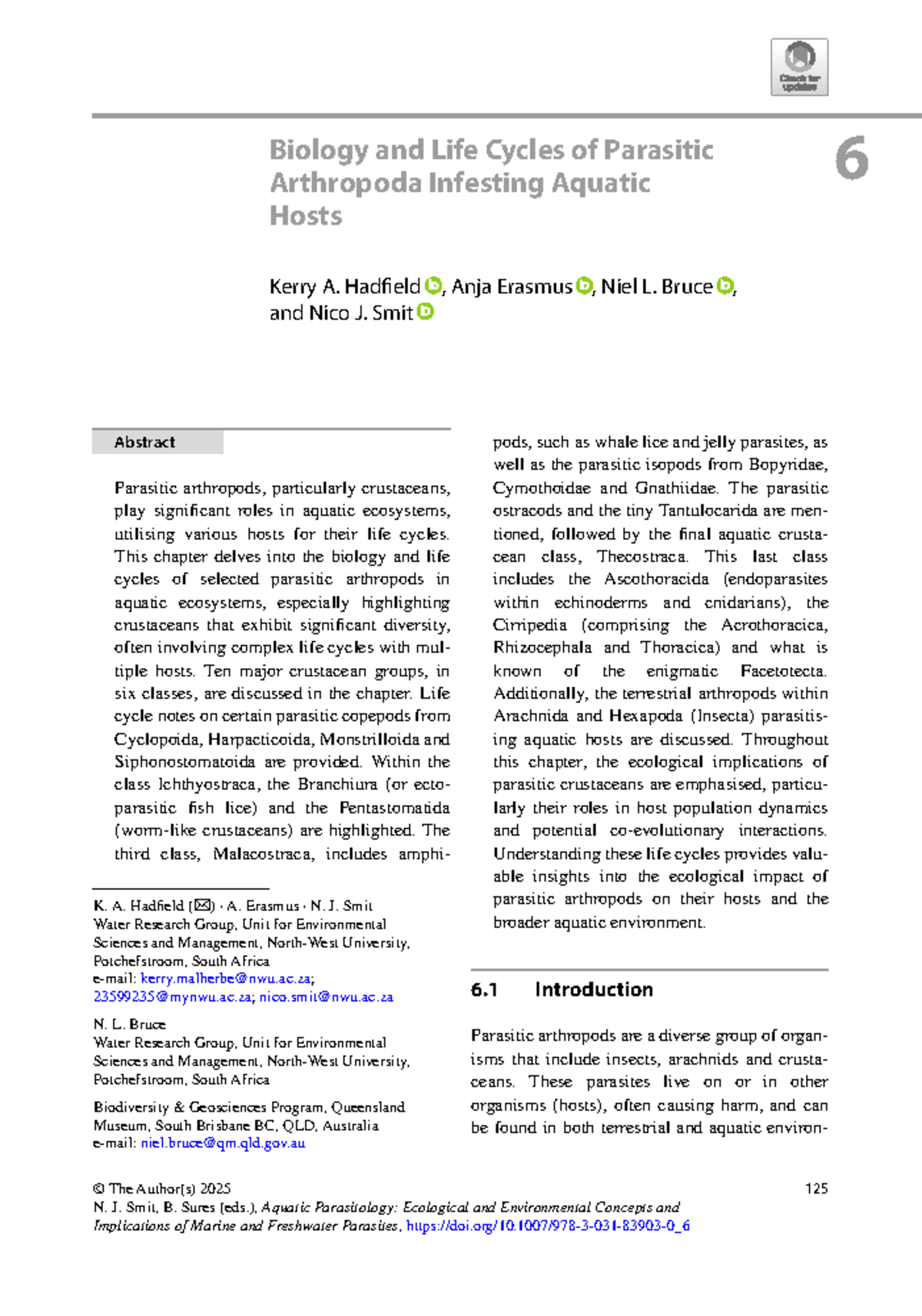 Biology and Life Cycles of Parasitic Arthropoda in Aquatic Ecosystems ...
