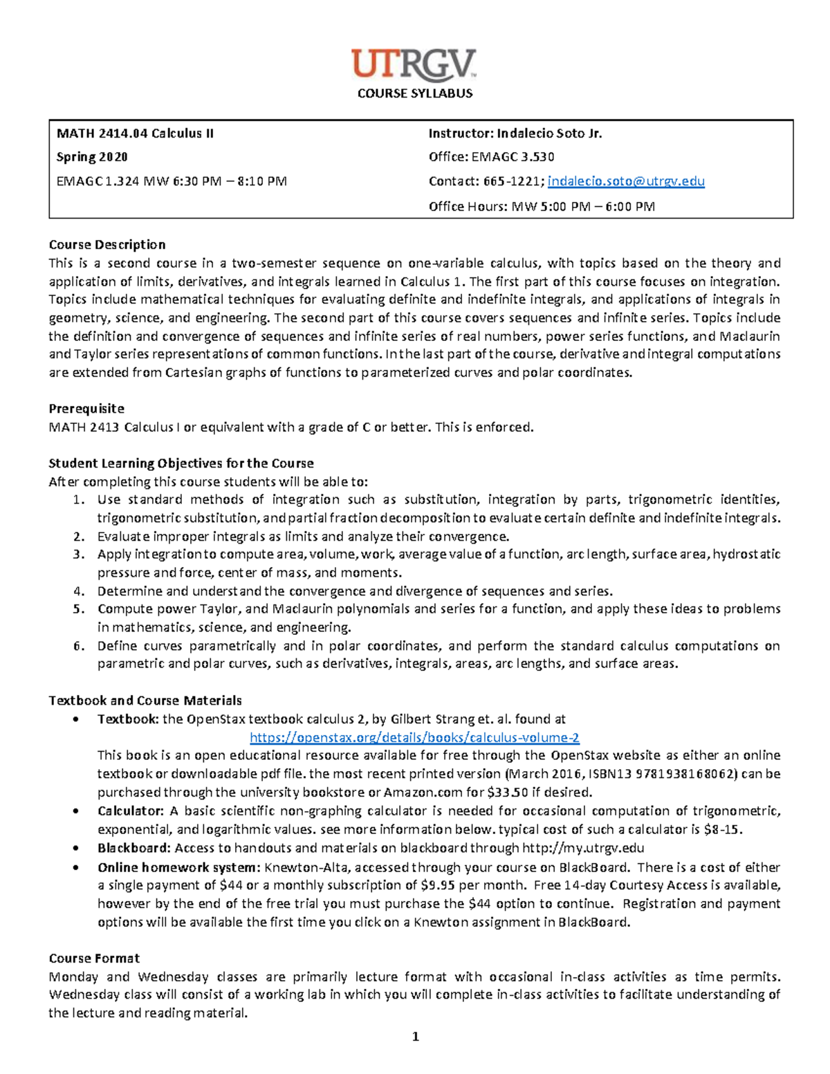 MATH 2414.04 Calculus II Syllabus - Spring 2020 Overview - Studocu