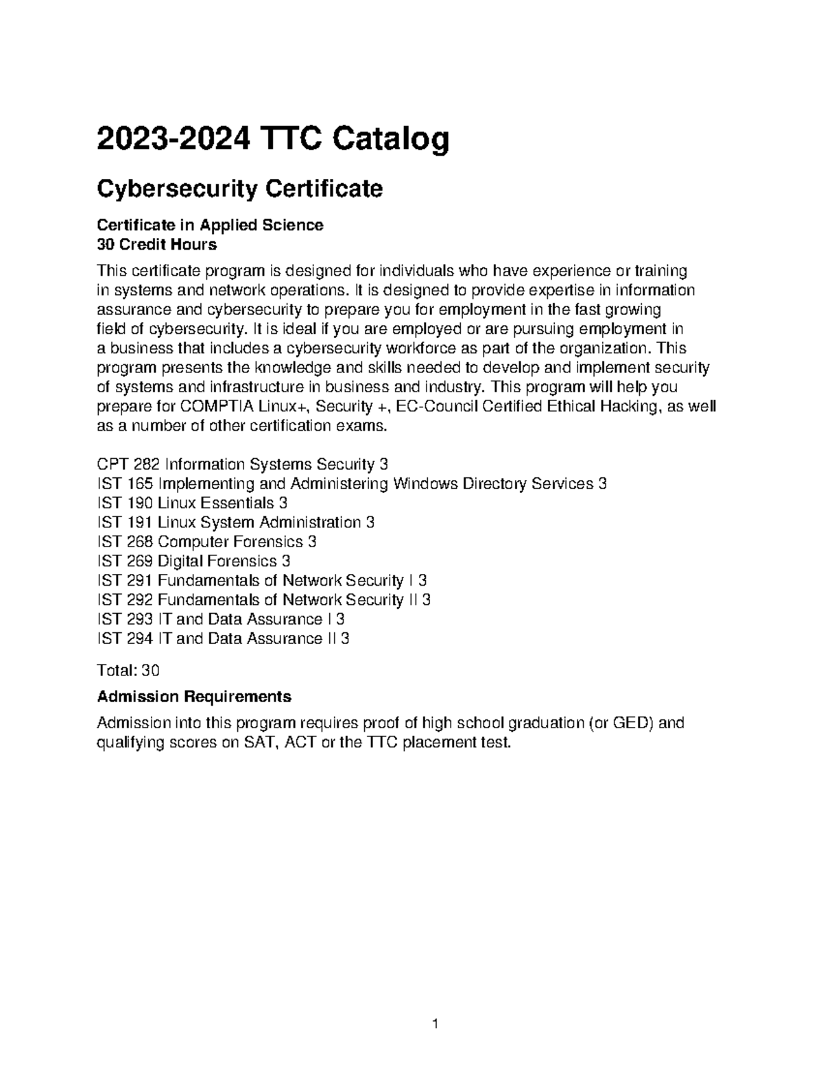 TTC Cybersecurity Certificate in Applied Science - 30 Credit Hours ...