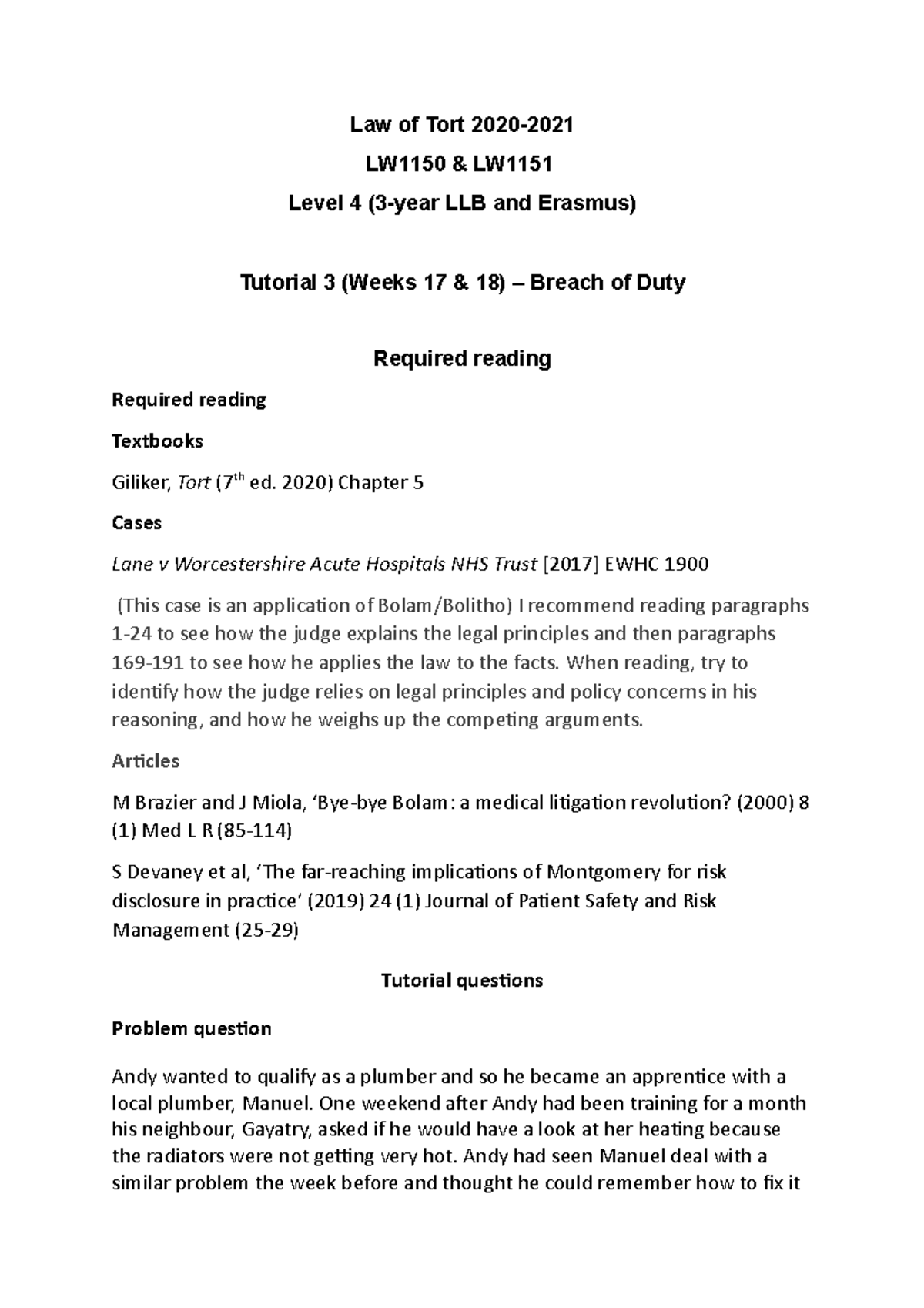 TORT - Tutorial 3 2020 - Law of Tort 2020- LW1150 & LW Level 4 (3-year ...