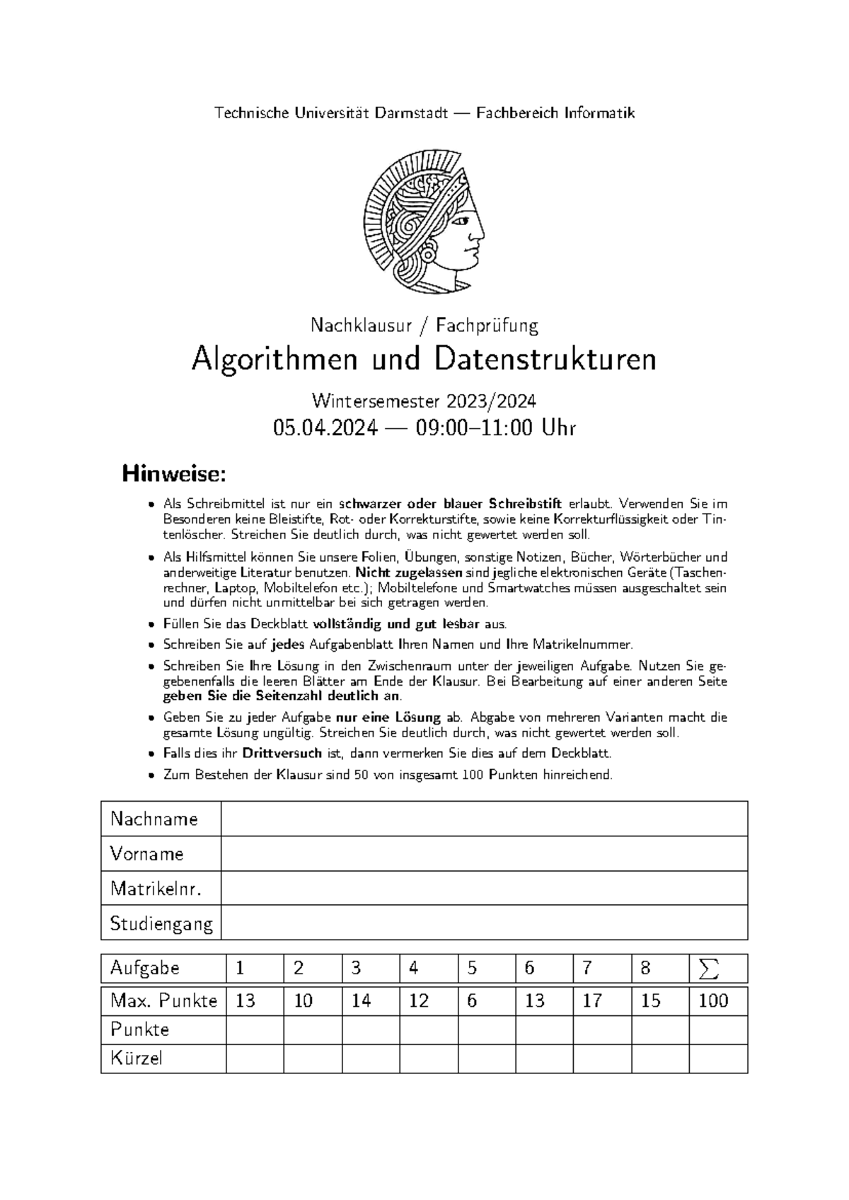 Aud-exam-20240405 - Klausur Algorithmen und Datenstrukturen WS 2023 - Document Preview